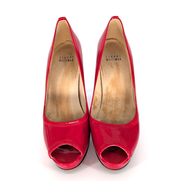 Stuart Weitzman Candy Apple Red Patent Leather Peep Toe Pumps 8M 4.5″ Heel Glam - Picture 2 of 11